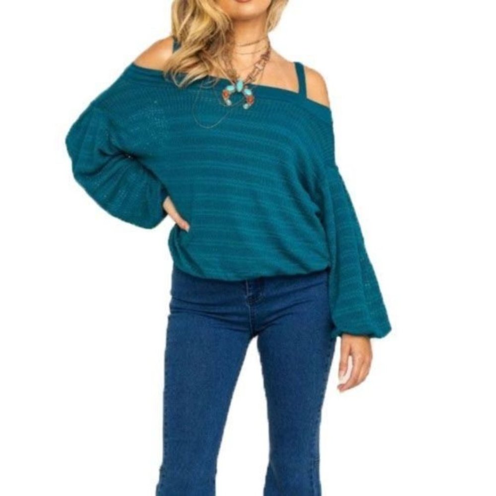 NEW! Free People Ocean Blue Knit Cold Shoulder Sweater